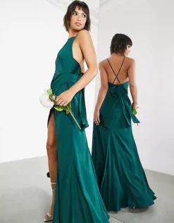 ASOS EDITION Satin Square Neck Maxi Dress With Side Split In Forest Green