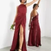 ASOS EDITION Satin Square Neck Maxi Dress With Side Split In Wine