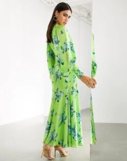 ASOS EDITION Satin Wild Flower Print Maxi Dress, Green/Multi