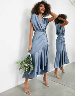 ASOS EDITION Satin Wrap Midi Dress With Ruched Detail In Dusky Blue