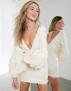 ASOS EDITION Sequin And Organza Mini Dress With Puff Sleeves, Cream