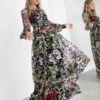 ASOS EDITION Summer Floral Embroidered Maxi Dress Open Back, Black/Multi/Red