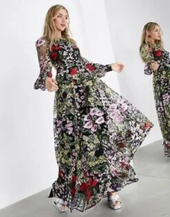 ASOS EDITION Summer Floral Embroidered Maxi Dress Open Back, Black/Multi/Red