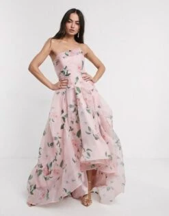 Bariano Full Maxi Dress With Organza Bust Detail In Multi Floral, Pink/Blush/Multi