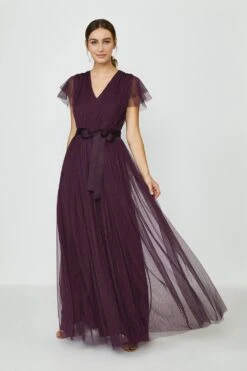 Coast Tulle V-NeckTie Belt Maxi Dress, Purple/Berry
