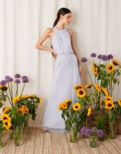 Monsoon Bianca Embellished Maxi Bridesmaid Dress, Light Blue
