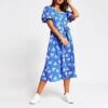 River Island Floral Puff Sleeve Midi Dress, Blue/White