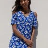Threadbare Women's Blue Leaf Print Cold Shoulder Shift Dress