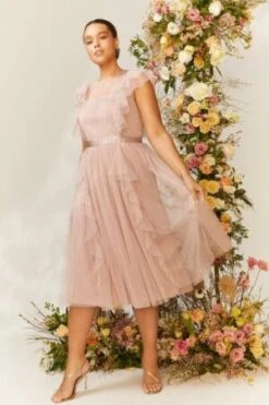 Coast Curve Shoulder Ruffle Mesh Pleated Midi Dress, Light Pink/Blush