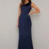 Chi Chi Aiyanna One Shoulder Satin Maxi Dress, Navy Blue