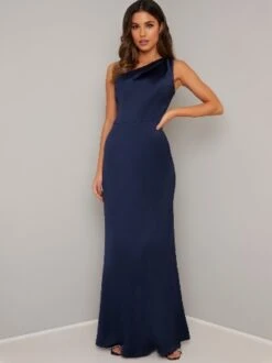Chi Chi Aiyanna One Shoulder Satin Maxi Dress, Navy Blue