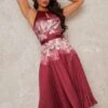 Chi Chi Alietta Floral Pleated Dress, Burgudy/Multi