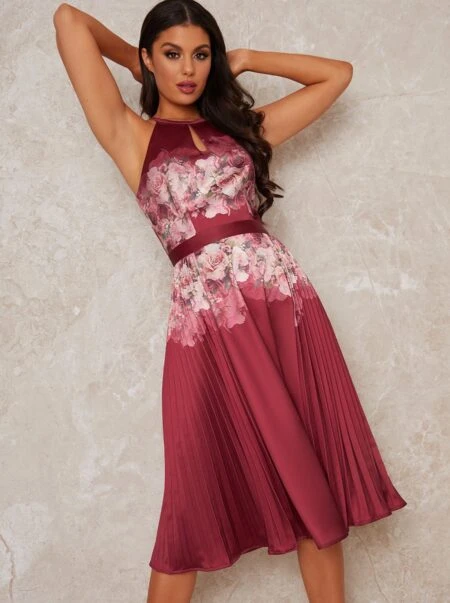 Chi Chi Alietta Floral Pleated Dress, Burgudy/Multi 1 Chi Chi Alietta Floral Pleated Dress, Burgudy/Multi