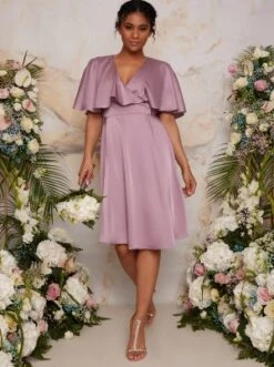 Chi Chi Angel Sleeve Wrap Design Bridesmaid Midi Dress, Lilac/Purple