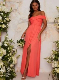 Chi Chi Bardot Ruched Bridesmaid Dress In Orange