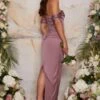 Chi Chi Bardot Ruched Satin Bridesmaid Maxi Dress, Lilac/Purple