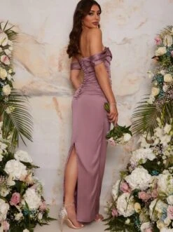 Chi Chi Bardot Ruched Satin Bridesmaid Maxi Dress, Lilac/Purple