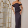 Chi Chi Bardot Ruched Satin Maxi Dress In Navy
