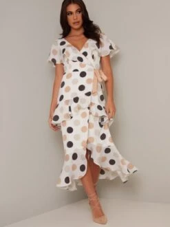 Chi Chi Blessica Spot Dress, White/Nude