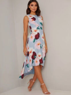Chi Chi Callista Floral High Low Dress, Blue/Multi