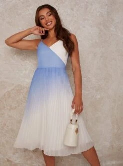 Chi Chi Cami Strap Ombre Pleated Midi Dress, Light Blue/White