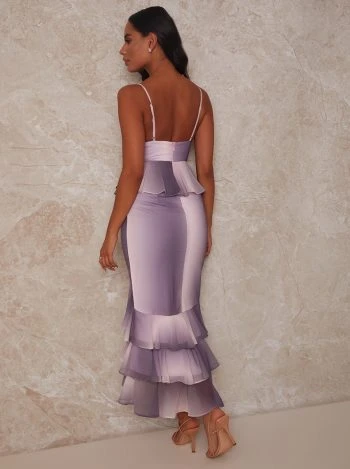 Chi Chi Cami Strap Ruffle Detail Bodycon Dress In Purple & Pink Ombre 2 Chi Chi Cami Strap Ruffle Detail Bodycon Dress In Purple & Pink Ombre - Image 2