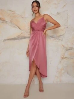 Chi Chi Cami Wrap Style Satin Midi Bridesmaid Dress In Pink