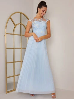 Chi Chi Cap Sleeved Embroidered Bodice Maxi Dress In Light Blue