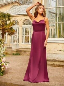 Chi Chi Cowl Neck Satin Maxi Dress In Wine/Berry