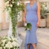Chi Chi Curve Lace Bodycon Bridesmaid Dress With Peplum Hem In Blue/Lilac