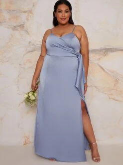 Chi Chi Curve Satin Bridesmaid Cami Wrap Style Maxi Dress In Blue/Lilac