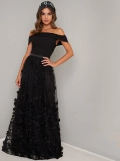 Chi Chi Dax Floral Petal Bardot Maxi Dress, Black