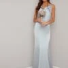 Chi Chi Delaney Cowl Slip Bridesmaid Dress, Light Blue/Silver