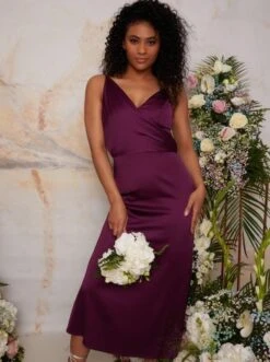 Chi Chi Draped Satin Midi Bridesmaid Dress In Berry Burgundy