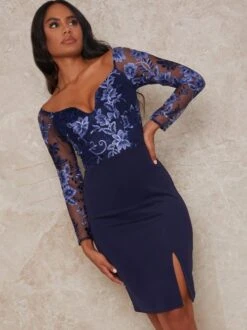 Chi Chi Embroidered Floral Midi Dress In Navy/Blue