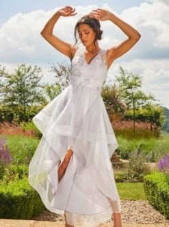 Chi Chi Embroidered V Neck Mesh Skirt Dip Hem Midi Dress In Lilac