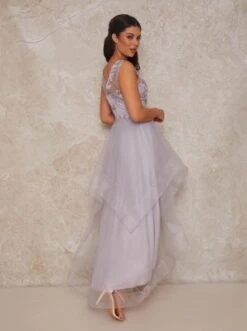 Chi Chi Embroidered V Neck Mesh Skirt Dip Hem Midi Dress In Lilac -EleganceWear Store chi chi embroidered v neck mesh skirt dip hem midi dress in lilac2 e1631811894945