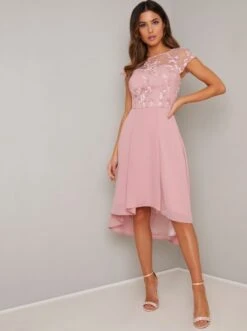 Chi Chi Floral Embroidered Sheer Devan Dress, Mink/Pink