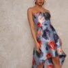 Chi Chi Floral Print Dip Hem Midi Dress In Blue/Multi