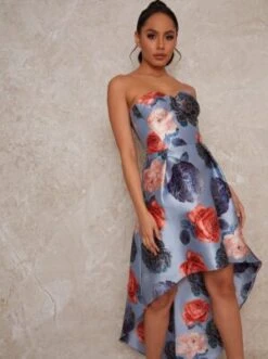 Chi Chi Floral Print Dip Hem Midi Dress In Blue/Multi