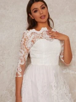 Chi Chi Flora Flore Lace Sleeve Wedding Dress, White