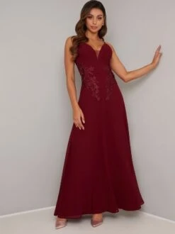 Chi Chi Francis Embroidered Maxi Dress, Burgundy