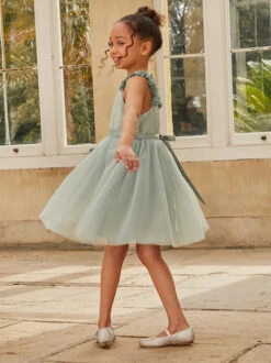 Chi Chi Girls 3D Floral Strap Tulle Midi Bridesmaid Dress In Sage Green