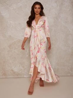 Chi Chi Graphic Print Plunge Front Tie Up Satin Maxi Dress, Cream/Multi