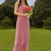 Chi Chi Halter Neck Embroidered Dip Hem Maxi Bridesmaid Dress In Pink