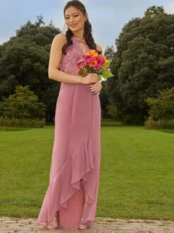 Chi Chi Halter Neck Embroidered Dip Hem Maxi Bridesmaid Dress In Pink
