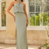 Chi Chi Halter Neck Satin Maxi Bridesmaid Dress In Sage