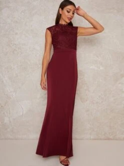 Chi Chi Javeria Lace Bodice Maxi Dress, Burgundy/Deep Red