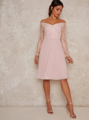 Chi Chi Lace Bardot Midi Bridesmaid Dress In Pink/Blush 1 Chi Chi Lace Bardot Midi Bridesmaid Dress In Pink/Blush