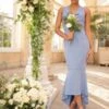 Chi Chi Lace Bodycon Bridesmaid Dress With Peplum Hem In Blue/Lilac